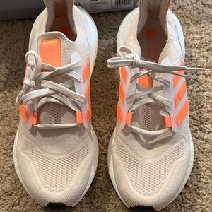 adidas White Sneakers with Neon Coral Stripe Details